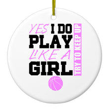 DistinctInk® Hanging Ceramic Christmas Tree Ornament with Gold String - Great Gift / Present - 2 3/4 inch Diameter - Volleyball Yes I Do Play Like a Girl