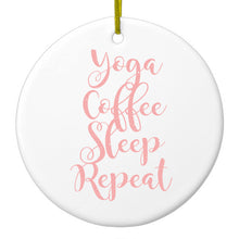 DistinctInk® Hanging Ceramic Christmas Tree Ornament with Gold String - Great Gift / Present - 2 3/4 inch Diameter - Yoga Coffee Sleep Repeat