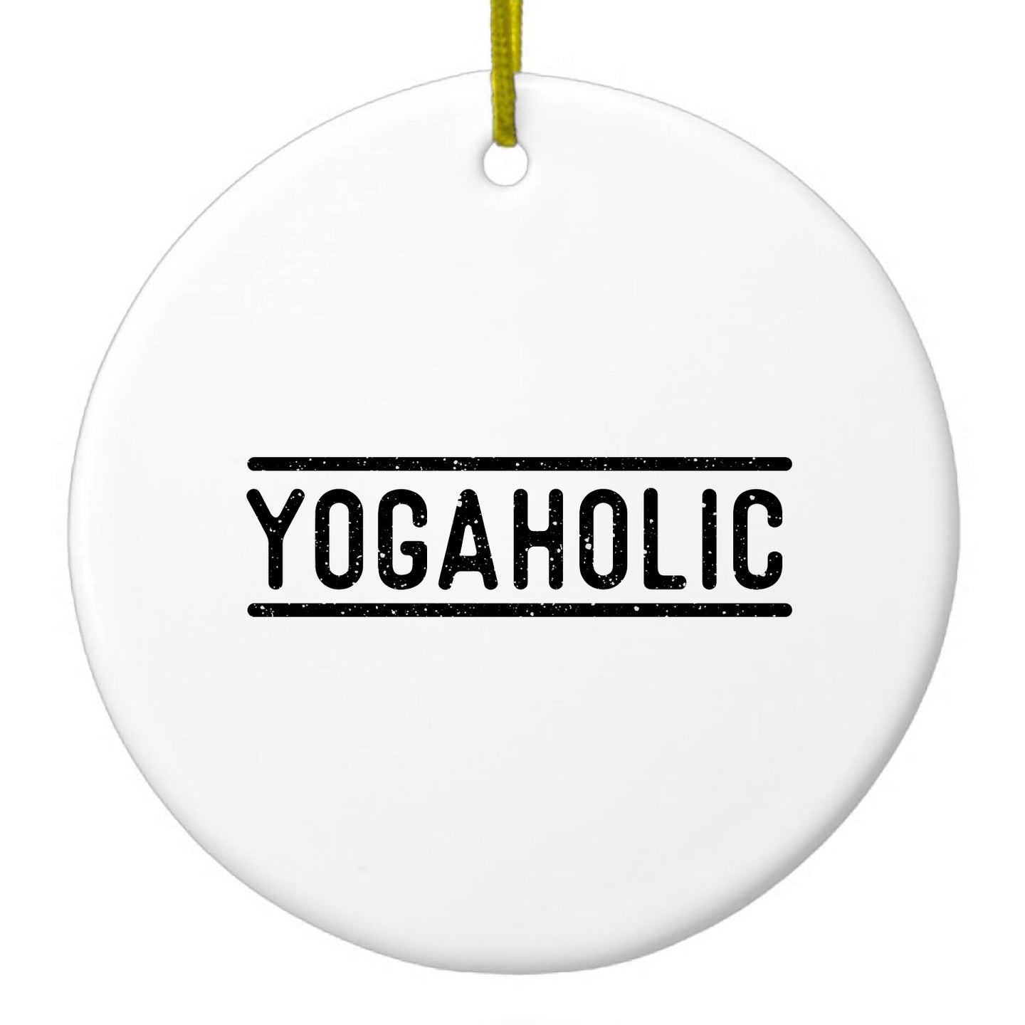 DistinctInk® Hanging Ceramic Christmas Tree Ornament with Gold String - Great Gift / Present - 2 3/4 inch Diameter - Yogaholic Yoga