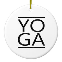 DistinctInk® Hanging Ceramic Christmas Tree Ornament with Gold String - Great Gift / Present - 2 3/4 inch Diameter - Yoga Black Word Art