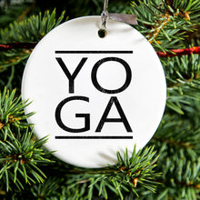 DistinctInk® Hanging Ceramic Christmas Tree Ornament with Gold String - Great Gift / Present - 2 3/4 inch Diameter - Yoga Black Word Art