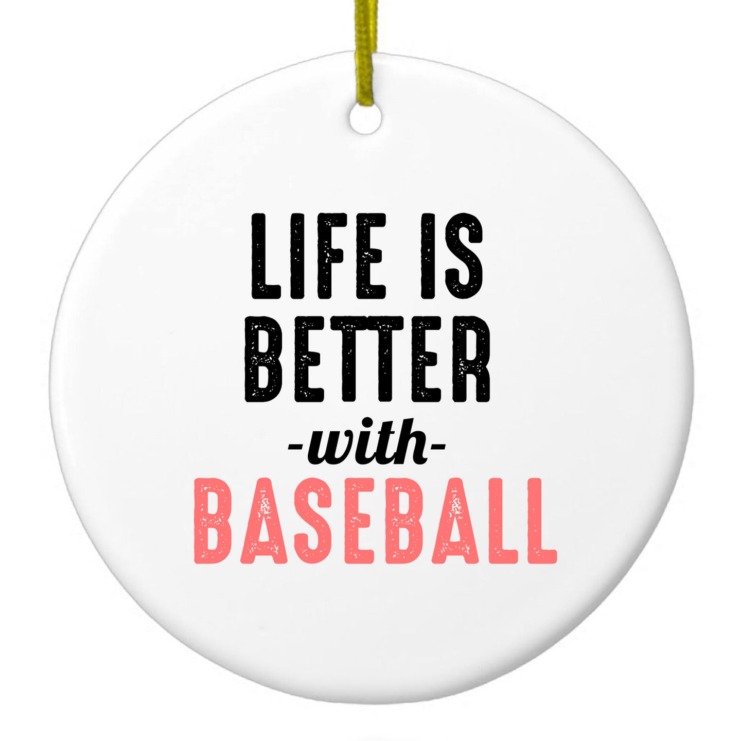 DistinctInk® Hanging Ceramic Christmas Tree Ornament with Gold String - Great Gift / Present - 2 3/4 inch Diameter - Life is Better with Baseball