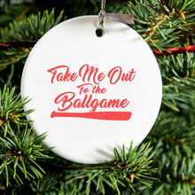 DistinctInk® Hanging Ceramic Christmas Tree Ornament with Gold String - Great Gift / Present - 2 3/4 inch Diameter - Take Me Out to the Ballgame Baseball