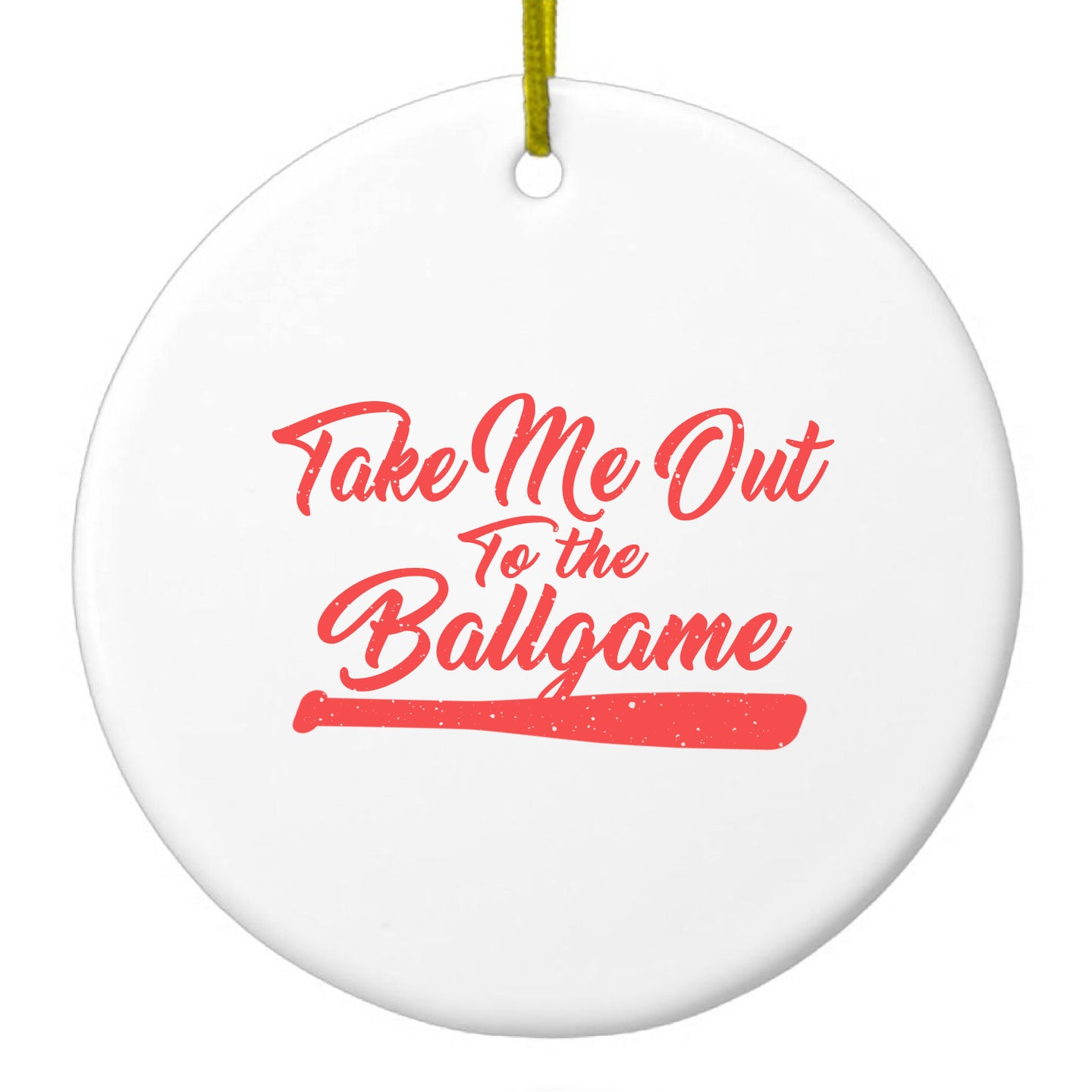 DistinctInk® Hanging Ceramic Christmas Tree Ornament with Gold String - Great Gift / Present - 2 3/4 inch Diameter - Take Me Out to the Ballgame Baseball