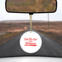 DistinctInk® Hanging Ceramic Christmas Tree Ornament with Gold String - Great Gift / Present - 2 3/4 inch Diameter - Take Me Out to the Ballgame Baseball