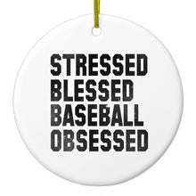 DistinctInk® Hanging Ceramic Christmas Tree Ornament with Gold String - Great Gift / Present - 2 3/4 inch Diameter - Stressed Blessed Baseball Obsessed