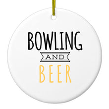 DistinctInk® Hanging Ceramic Christmas Tree Ornament with Gold String - Great Gift / Present - 2 3/4 inch Diameter - Bowling and Beer