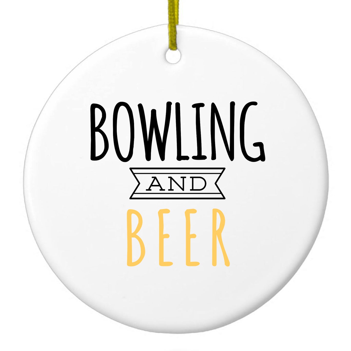 DistinctInk® Hanging Ceramic Christmas Tree Ornament with Gold String - Great Gift / Present - 2 3/4 inch Diameter - Bowling and Beer