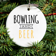 DistinctInk® Hanging Ceramic Christmas Tree Ornament with Gold String - Great Gift / Present - 2 3/4 inch Diameter - Bowling and Beer