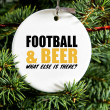 DistinctInk® Hanging Ceramic Christmas Tree Ornament with Gold String - Great Gift / Present - 2 3/4 inch Diameter - Football & Beer What Else Is There?