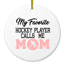 DistinctInk® Hanging Ceramic Christmas Tree Ornament with Gold String - Great Gift / Present - 2 3/4 inch Diameter - My Favorite Hockey Player Calls Me Mom