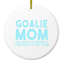 DistinctInk® Hanging Ceramic Christmas Tree Ornament with Gold String - Great Gift / Present - 2 3/4 inch Diameter - Goalie Mom The Most Stressful Position