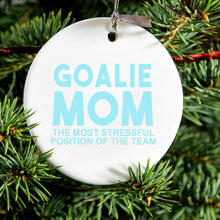 DistinctInk® Hanging Ceramic Christmas Tree Ornament with Gold String - Great Gift / Present - 2 3/4 inch Diameter - Goalie Mom The Most Stressful Position