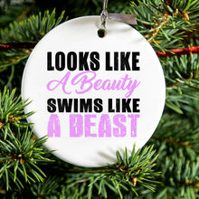 DistinctInk® Hanging Ceramic Christmas Tree Ornament with Gold String - Great Gift / Present - 2 3/4 inch Diameter - Looks Like a Beauty Swims Like a Beast