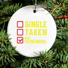 DistinctInk® Hanging Ceramic Christmas Tree Ornament with Gold String - Great Gift / Present - 2 3/4 inch Diameter - Single Taken Busy Playing Baseball