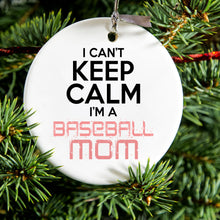 DistinctInk® Hanging Ceramic Christmas Tree Ornament with Gold String - Great Gift / Present - 2 3/4 inch Diameter - Can't Keep Calm I'm a Baseball mom