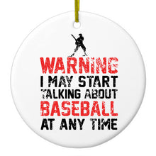 DistinctInk® Hanging Ceramic Christmas Tree Ornament with Gold String - Great Gift / Present - 2 3/4 inch Diameter - Warning May Start Talking Baseball