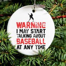 DistinctInk® Hanging Ceramic Christmas Tree Ornament with Gold String - Great Gift / Present - 2 3/4 inch Diameter - Warning May Start Talking Baseball