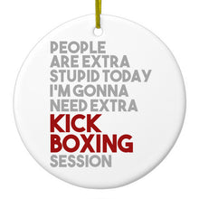 DistinctInk® Hanging Ceramic Christmas Tree Ornament with Gold String - Great Gift / Present - 2 3/4 inch Diameter - People Are Stupid Need Extra Kick Boxing