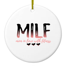 DistinctInk® Hanging Ceramic Christmas Tree Ornament with Gold String - Great Gift / Present - 2 3/4 inch Diameter - MILF Mom in Love with Fitness