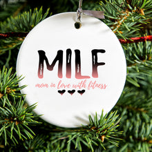 DistinctInk® Hanging Ceramic Christmas Tree Ornament with Gold String - Great Gift / Present - 2 3/4 inch Diameter - MILF Mom in Love with Fitness