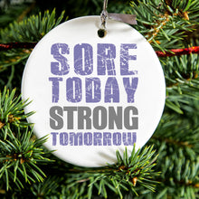 DistinctInk® Hanging Ceramic Christmas Tree Ornament with Gold String - Great Gift / Present - 2 3/4 inch Diameter - Sore Today Strong Tomorrow