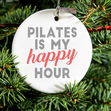 DistinctInk® Hanging Ceramic Christmas Tree Ornament with Gold String - Great Gift / Present - 2 3/4 inch Diameter - Pilates is My Happy Hour