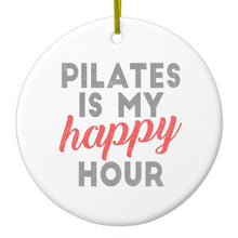 DistinctInk® Hanging Ceramic Christmas Tree Ornament with Gold String - Great Gift / Present - 2 3/4 inch Diameter - Pilates is My Happy Hour
