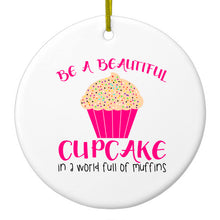 DistinctInk® Hanging Ceramic Christmas Tree Ornament with Gold String - Great Gift / Present - 2 3/4 inch Diameter - Be a Beautiful Cupcake in a World of Muffins
