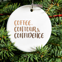 DistinctInk® Hanging Ceramic Christmas Tree Ornament with Gold String - Great Gift / Present - 2 3/4 inch Diameter - Coffee Contour & Confidence