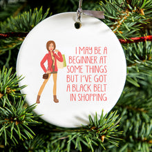 DistinctInk® Hanging Ceramic Christmas Tree Ornament with Gold String - Great Gift / Present - 2 3/4 inch Diameter - Beginner at Some Things Black Belt in Shopping