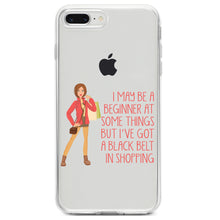 DistinctInk® Clear Shockproof Hybrid Case for Apple iPhone / Samsung Galaxy / Google Pixel - Beginner at Some Things Black Belt in Shopping