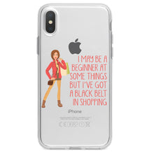 DistinctInk® Clear Shockproof Hybrid Case for Apple iPhone / Samsung Galaxy / Google Pixel - Beginner at Some Things Black Belt in Shopping