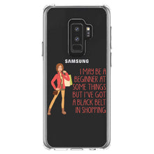DistinctInk® Clear Shockproof Hybrid Case for Apple iPhone / Samsung Galaxy / Google Pixel - Beginner at Some Things Black Belt in Shopping