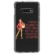 DistinctInk® Clear Shockproof Hybrid Case for Apple iPhone / Samsung Galaxy / Google Pixel - Beginner at Some Things Black Belt in Shopping