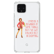 DistinctInk® Clear Shockproof Hybrid Case for Apple iPhone / Samsung Galaxy / Google Pixel - Beginner at Some Things Black Belt in Shopping