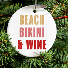 DistinctInk® Hanging Ceramic Christmas Tree Ornament with Gold String - Great Gift / Present - 2 3/4 inch Diameter - Beach Bikini & Wine