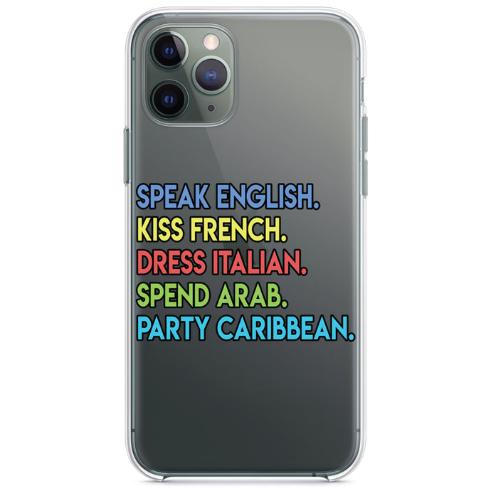 DistinctInk® Clear Shockproof Hybrid Case for Apple iPhone / Samsung Galaxy / Google Pixel - Speak English Kiss French Dress Italian
