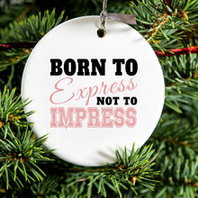 DistinctInk® Hanging Ceramic Christmas Tree Ornament with Gold String - Great Gift / Present - 2 3/4 inch Diameter - Born to Express Not to Impress