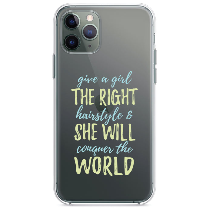 DistinctInk® Clear Shockproof Hybrid Case for Apple iPhone / Samsung Galaxy / Google Pixel - Girls With Right Hairstyle Will Conquer the World