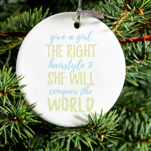 DistinctInk® Hanging Ceramic Christmas Tree Ornament with Gold String - Great Gift / Present - 2 3/4 inch Diameter - Girls With Right Hairstyle Will Conquer the World