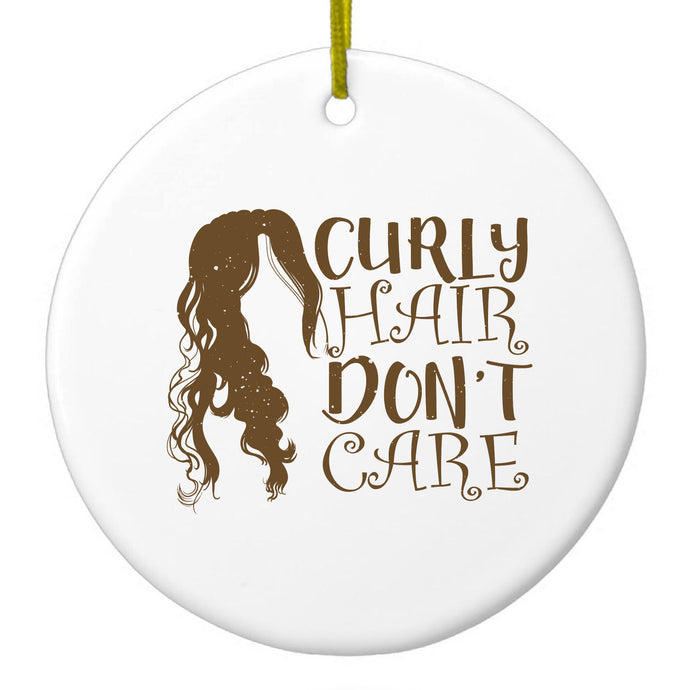 DistinctInk® Hanging Ceramic Christmas Tree Ornament with Gold String - Great Gift / Present - 2 3/4 inch Diameter - Curly Hair Don't Care