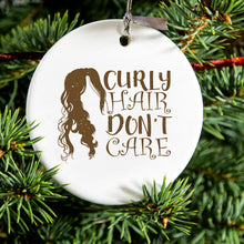 DistinctInk® Hanging Ceramic Christmas Tree Ornament with Gold String - Great Gift / Present - 2 3/4 inch Diameter - Curly Hair Don't Care