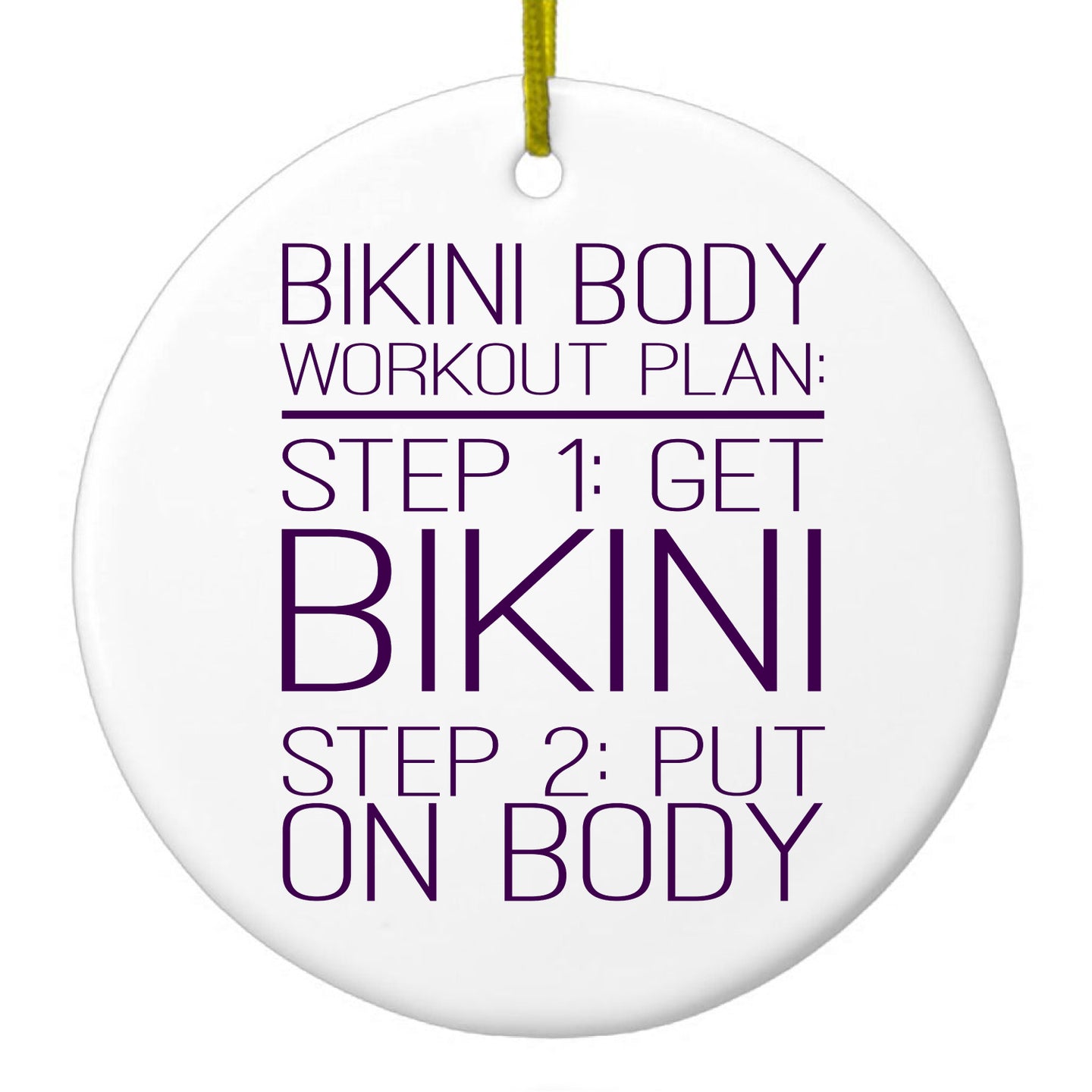 DistinctInk® Hanging Ceramic Christmas Tree Ornament with Gold String - Great Gift / Present - 2 3/4 inch Diameter - Bikini Body Workout Plan Get Bikini Put On Body