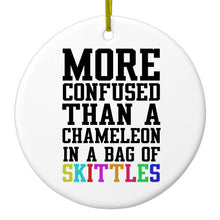 DistinctInk® Hanging Ceramic Christmas Tree Ornament with Gold String - Great Gift / Present - 2 3/4 inch Diameter - More Confused than Chameleon in Skittles