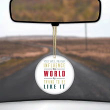 DistinctInk® Hanging Ceramic Christmas Tree Ornament with Gold String - Great Gift / Present - 2 3/4 inch Diameter - Never Influence The World Try to Be Like It