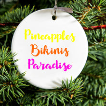 DistinctInk® Hanging Ceramic Christmas Tree Ornament with Gold String - Great Gift / Present - 2 3/4 inch Diameter - Pineapples Bikinis Paradise