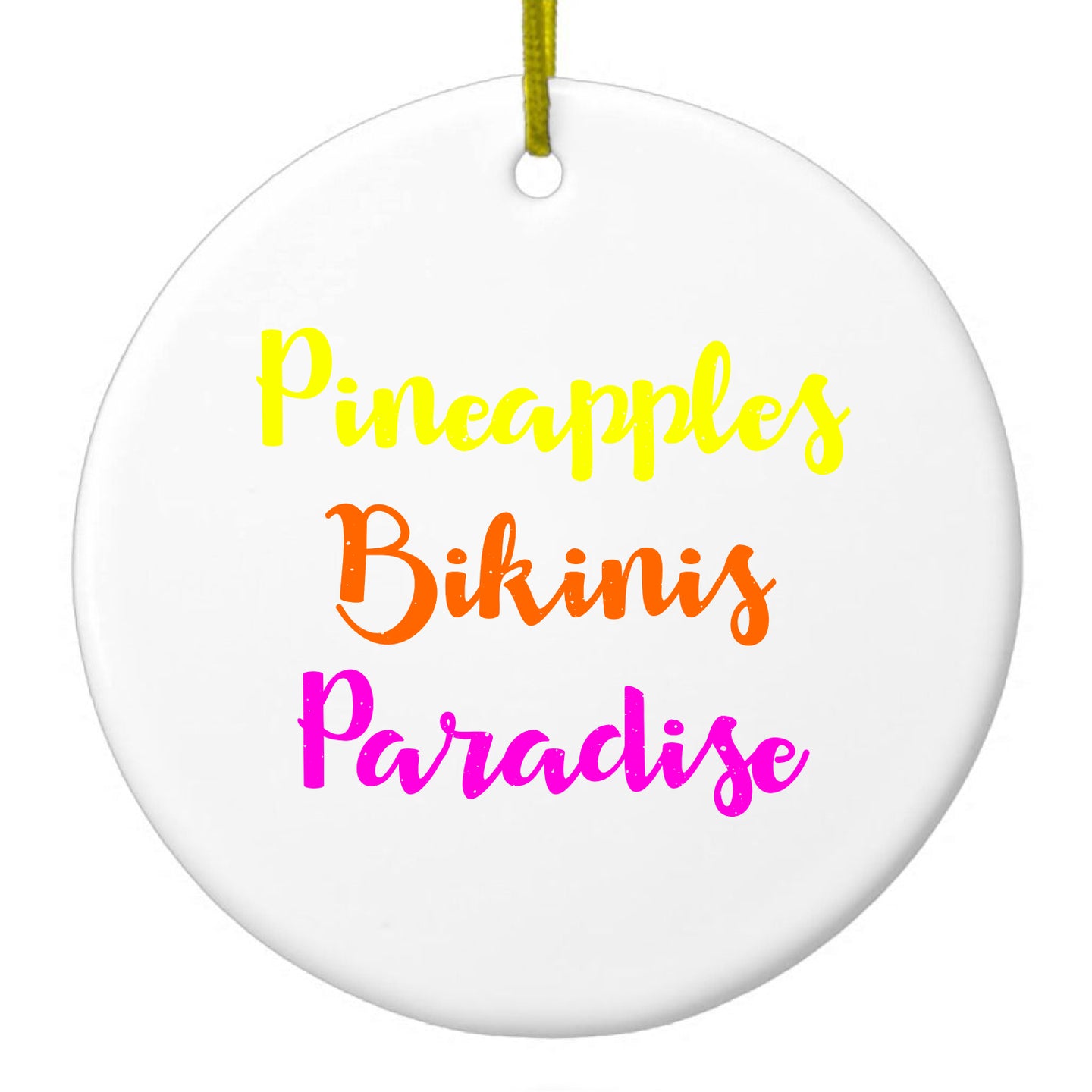 DistinctInk® Hanging Ceramic Christmas Tree Ornament with Gold String - Great Gift / Present - 2 3/4 inch Diameter - Pineapples Bikinis Paradise