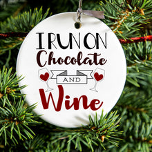 DistinctInk® Hanging Ceramic Christmas Tree Ornament with Gold String - Great Gift / Present - 2 3/4 inch Diameter - I Run on Chocolate and Wine