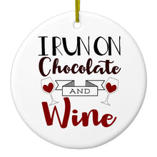 DistinctInk® Hanging Ceramic Christmas Tree Ornament with Gold String - Great Gift / Present - 2 3/4 inch Diameter - I Run on Chocolate and Wine